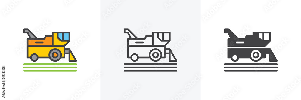 Combine harvester icon. Line, glyph and filled outline colorful version, harvesting machine outline and filled vector sign. Symbol, logo illustration. Different style icons set. Vector graphics