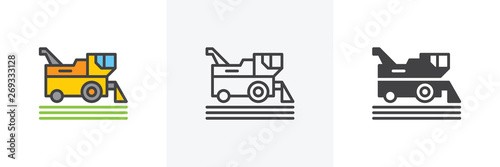 Combine harvester icon. Line, glyph and filled outline colorful version, harvesting machine outline and filled vector sign. Symbol, logo illustration. Different style icons set. Vector graphics