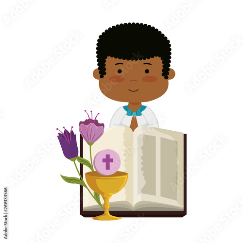 little black boy with bibble and flowers first communion character
