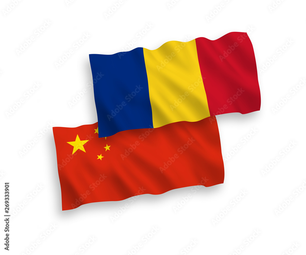 National vector fabric wave flags of Romania and China isolated on white background 1 to 2 proportion. National vector fabric wave flags of Romania and China isolated on white background 1 to 2 proportion.