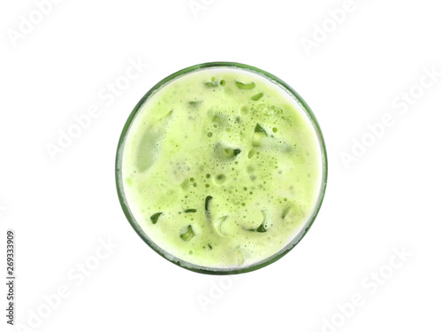 Ice green tea latte with milk top view isolated on white background.