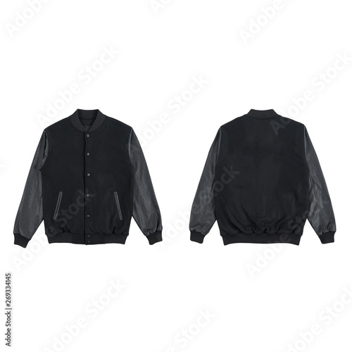 Blank plain varsity jacket front and back view bundle pack black color isolated on white background. ready for your mock up design or presentation your project. photo