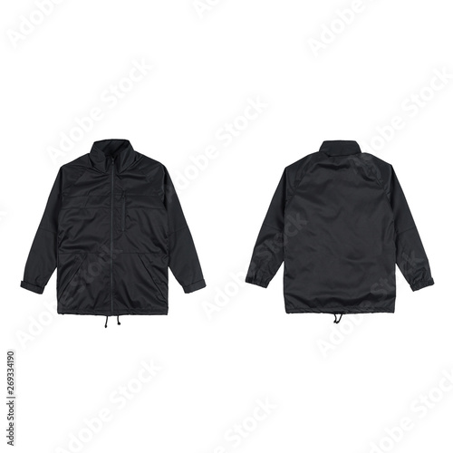 Blank plain coach jacket black color front and back view, isolated on white background. ready for your mock up design project, 