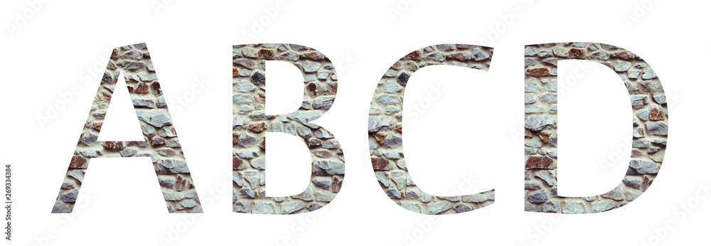Stone font letter ABCD isolated on white background. Letters and symbols. Textured materials. Stone font letter ABCD isolated on white background. Letters and symbols. Textured materials.
