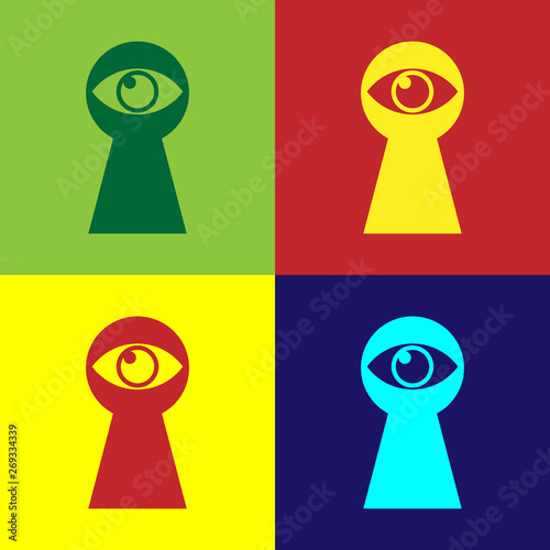 Color Keyhole with eye icon isolated on color backgrounds. The eye looks into the keyhole. Keyhole eye hole. Vector Illustration