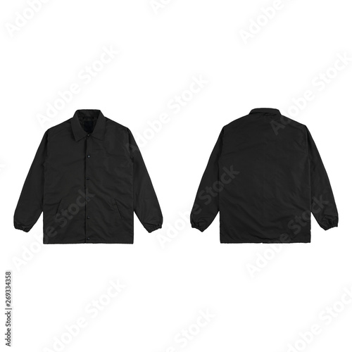 Blank plain windbreaker jacket black color front and back side view isolated on white background. ready for your mock up design project.