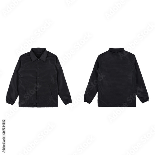 Blank plain windbreaker jacket black color front and back side view isolated on white background. ready for your mock up design project. photo