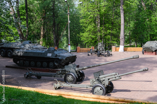 Exposure of military equipment in the park in the summer. Monument to military glory.