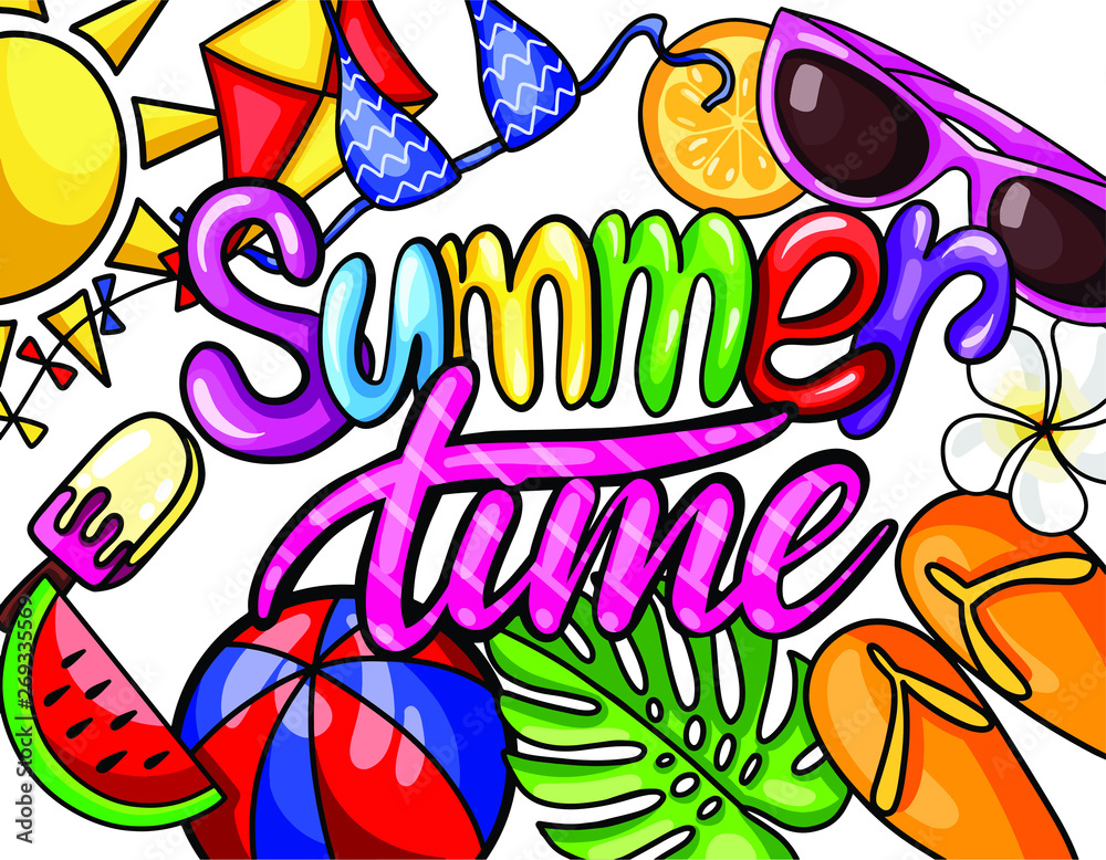 VECTOR illustration with hand lettering summer time with colorful beach elements background for summer season.