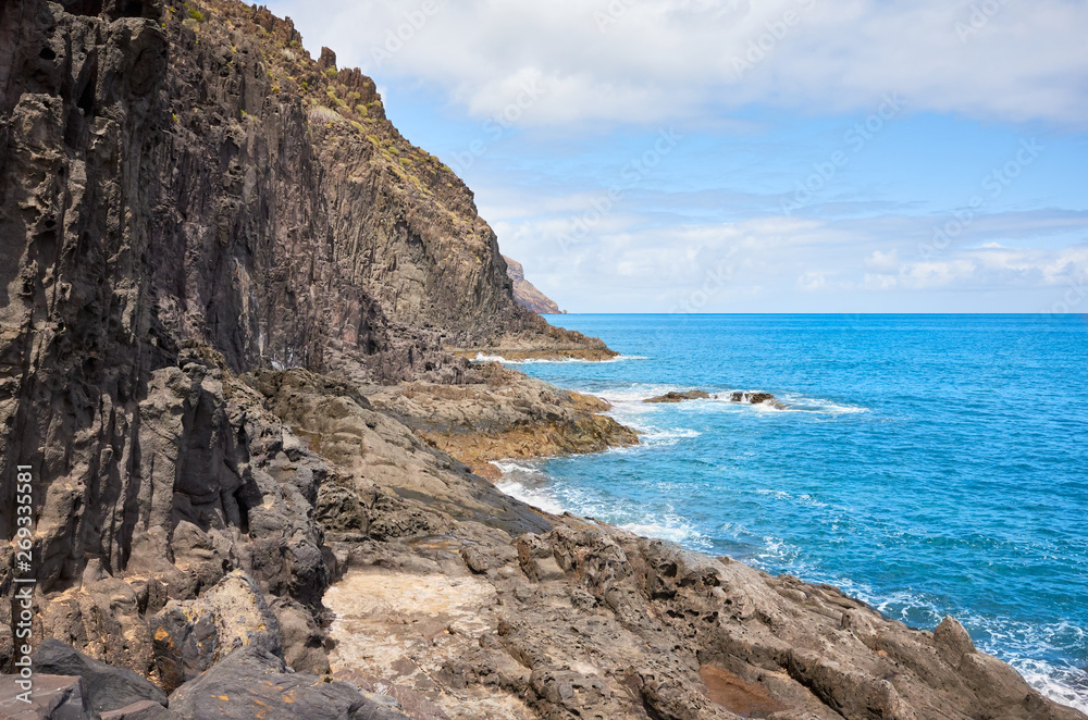 Scenic volcanic rock coast near San Andres, Tenerife, Spain.