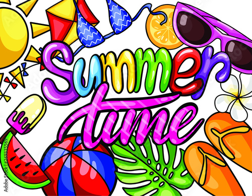 VECTOR illustration with hand lettering summer time with colorful beach elements background for summer season.