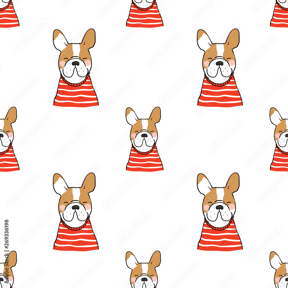 Seamless pattern design french bulldog with red sweater.