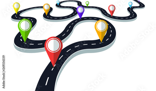 Winding road with pin pointer  vector illustration. Progress concept