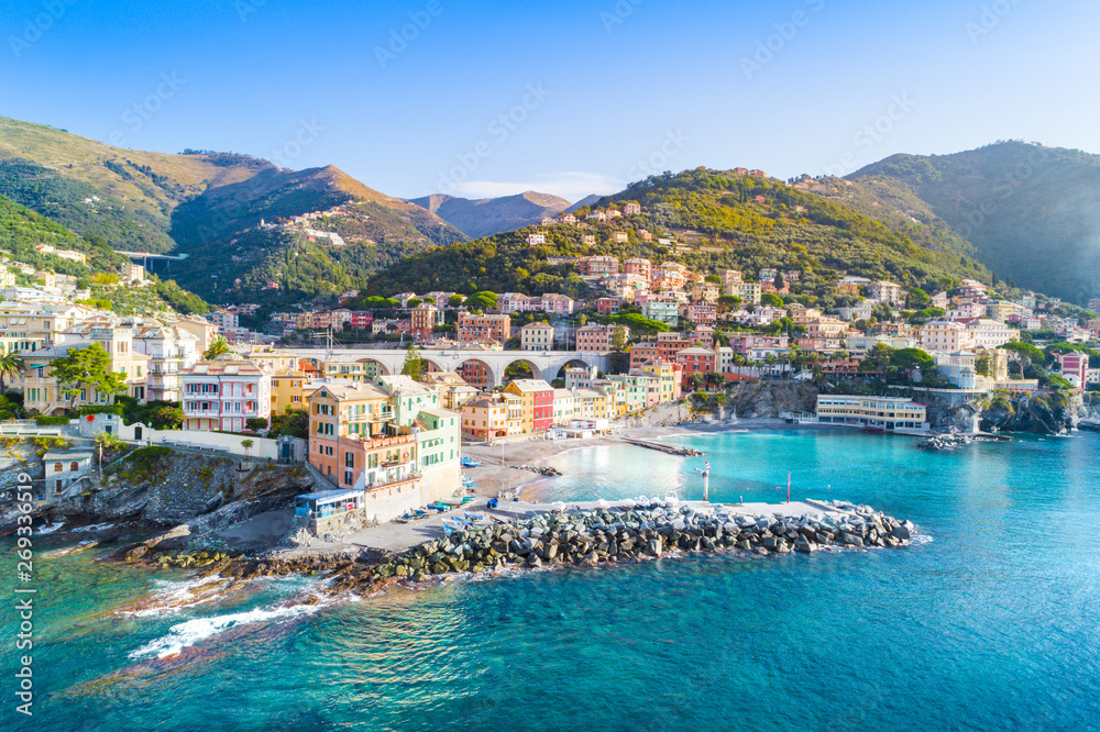 View of Bogliasco. Bogliasco is a ancient fishing village in Italy, Genoa, Liguria. Mediterranean Sea, sandy beach and architecture of Bogliasco town.