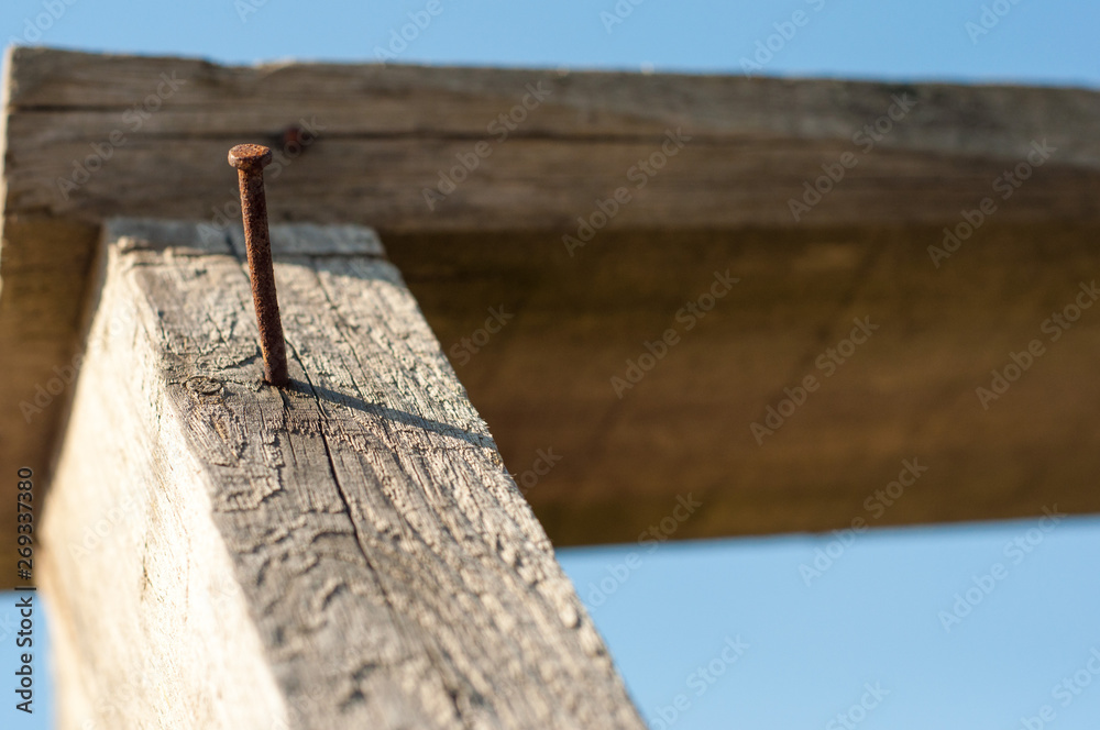 Rusty nail in wood against a blue sky Rusty nail in wood against a blue sky