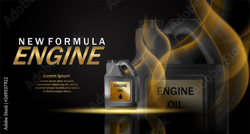 Engine oil advertisement background. Vector illustration with realistic canister and motor oil on bright background. 3d ads template.