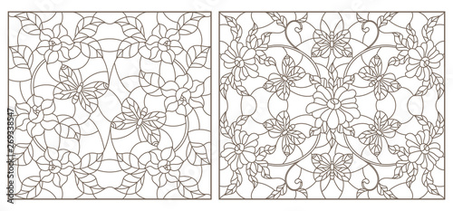 Set of contour illustrations of stained-glass Windows with flowers and butterflies,  darrk contour on white background