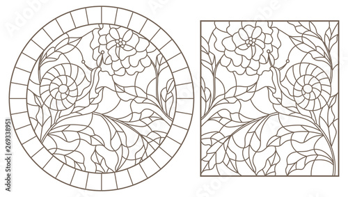 Set contour illustrations in the stained glass style snail and flower, dark outline on a white background