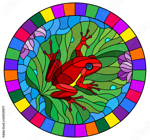 Illustration in stained glass style with abstract red frog on Lotus leaf on water and flowers, oval image in bright frame