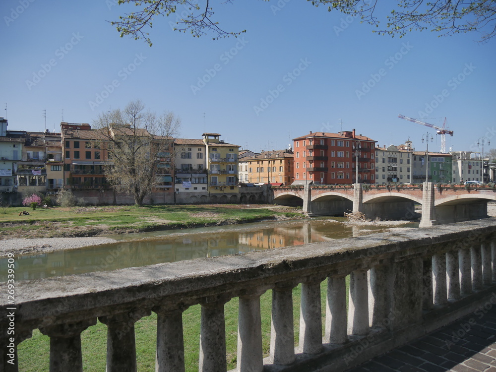 Parma riverside panorama. Panorama along Parma riverside near Ponte di Mezzo bridge.