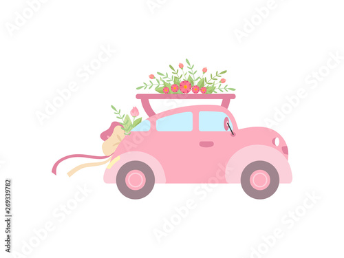 Cute Pink Vintage Car Decorated with Flowers, Wedding Retro Auto, Side View Vector Illustration