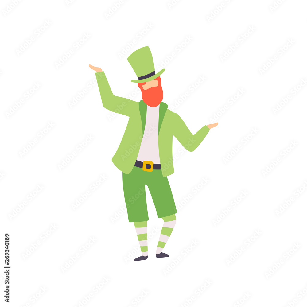 Redhead Bearded Man in Green Irish Costume and Hat, Guy Celebrating Saint Patrick Day, Masquerade Ball, Carnival Party Design Element Vector Illustration Redhead Bearded Man in Green Irish Costume and Hat, Guy Celebrating Saint Patrick Day, Masquerade Ball, Carnival Party Design Element Vector Illustration