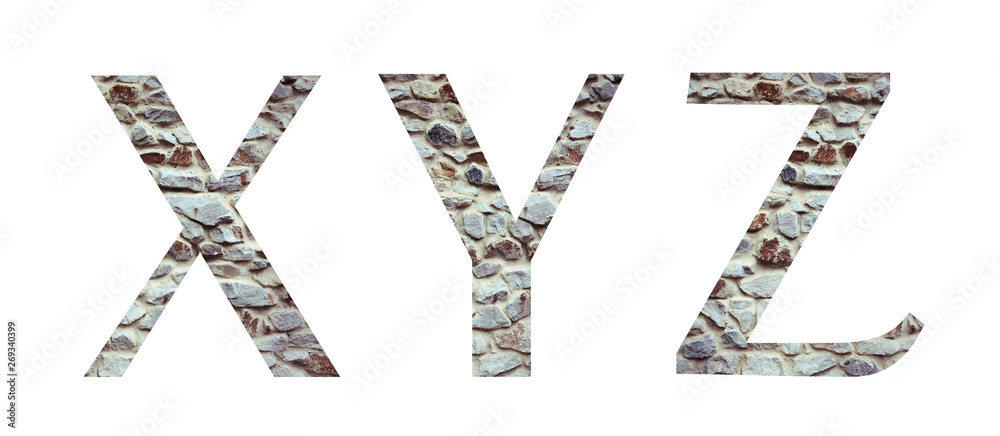 Stone font letter XYZ isolated on white background. Letters and symbols. Textured materials. Stone font letter XYZ isolated on white background. Letters and symbols. Textured materials.