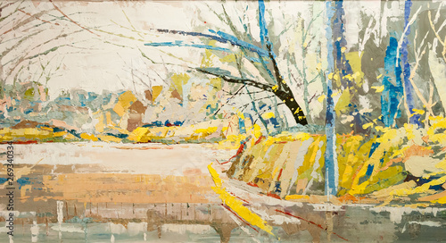 drawing with acrylic paints on the wall. autumn landscape