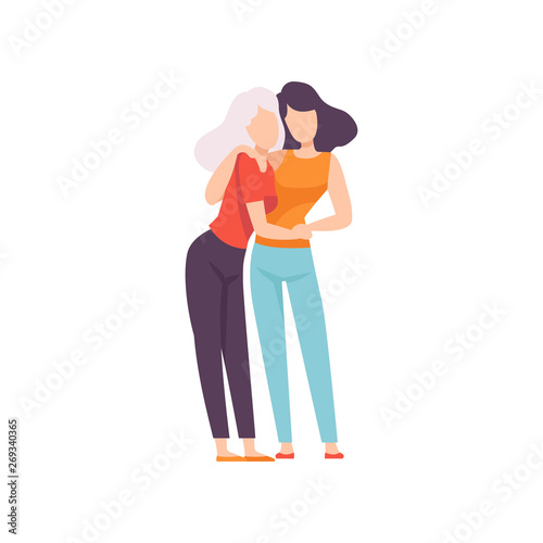 Adult Daughter and Elderly Mother Embracing, Two Generations of Women Vector Illustration