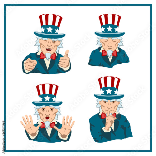 Set of uncle Sam in different poses isolated on white background
