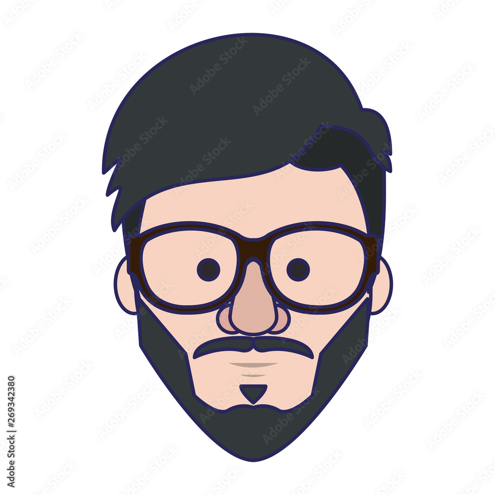 Hipster guy face cartoon blue lines