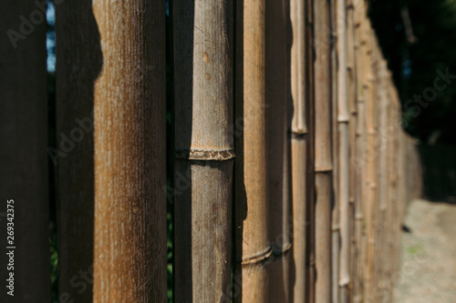 Old brown tone bamboo plank fence for background.