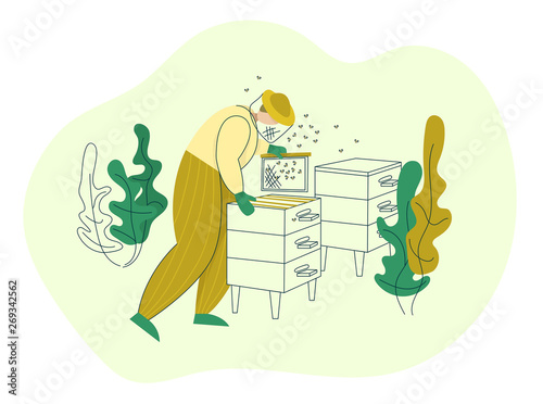 Beekeeper in a protective suit working on apiary with hive frames. Honey organic business production process. Isolated flat trendy cartoon modern style Illustration character.