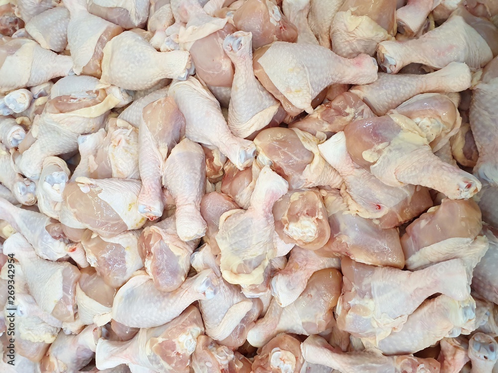Top view of raw chicken meat as a background in the market for sale at Thailand, fresh meat for cooking