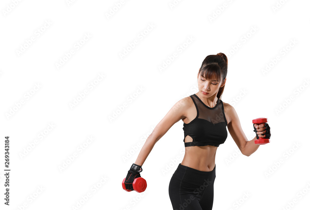 Portrait of sexy young Asian woman with dumbbell on hand in sport uniform during training on white background. Portrait of sexy young Asian woman with dumbbell on hand in sport uniform during training on white background.
