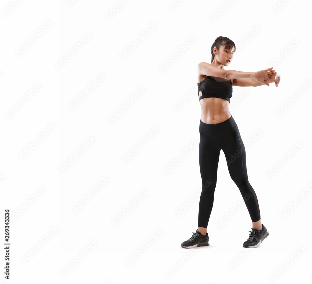sporty and attractive woman do fitness exercise isolated on a white