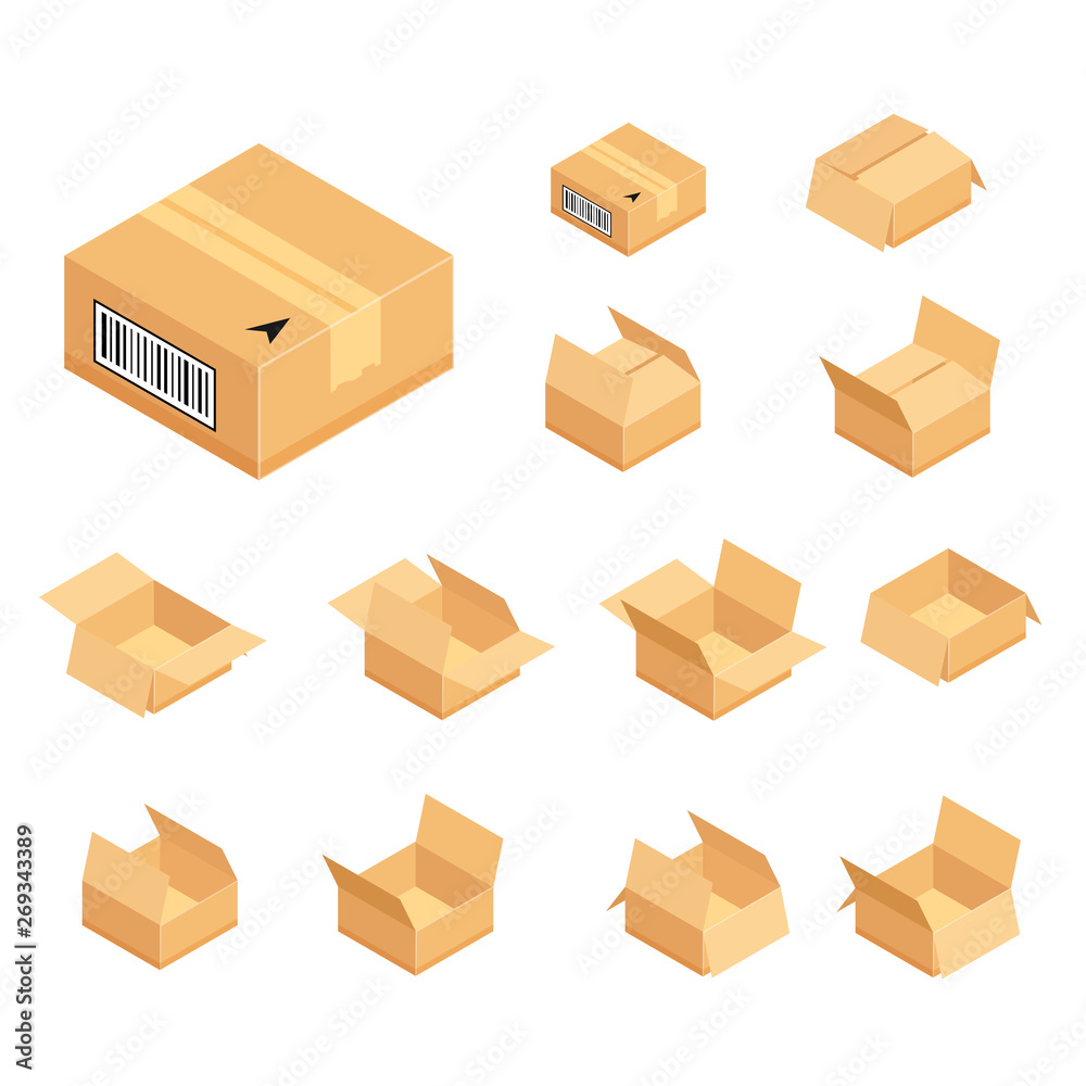 Fototapeta premium Set of isometric cardboard boxes. Delivery box package. Vector illustration isolated on white background.