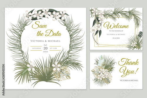 Wedding invitation card design, floral invite. Tropical jungle leaves elegant  frame set , olive green plants, palm tree leaves. Vector