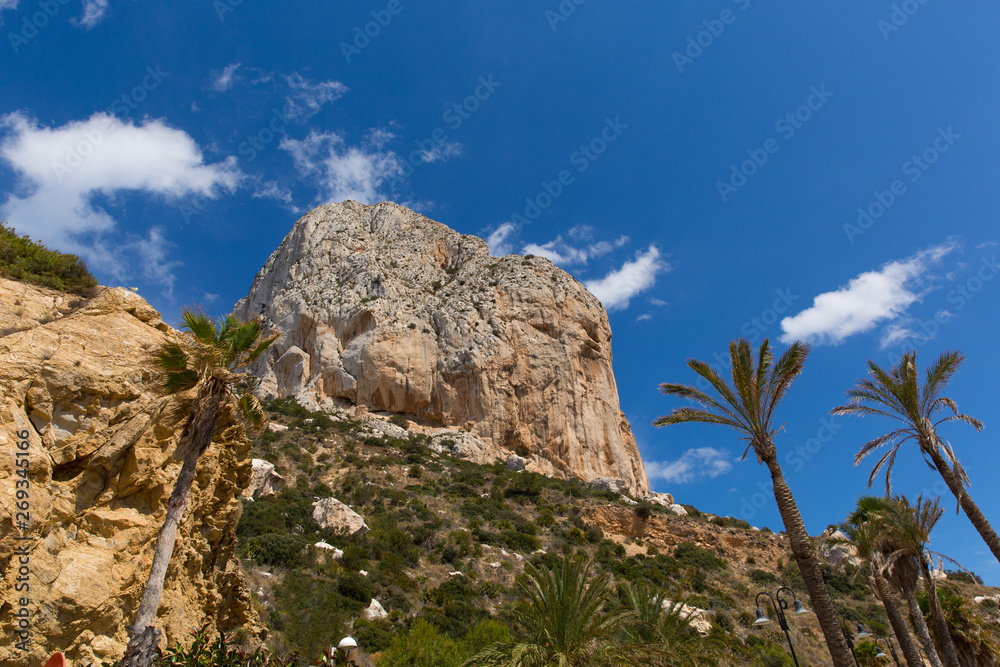 Calp Costa Blanca Spain view up to Penon de Ilfach the large rock from the walk around the bottom of the famous landmark