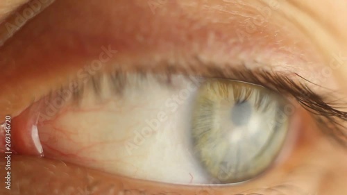 blinking male eye close-up looking around. red artery on the eyeball macro. pupil reaction to light. Mioz and Midriaz. closing and opening the eyelid