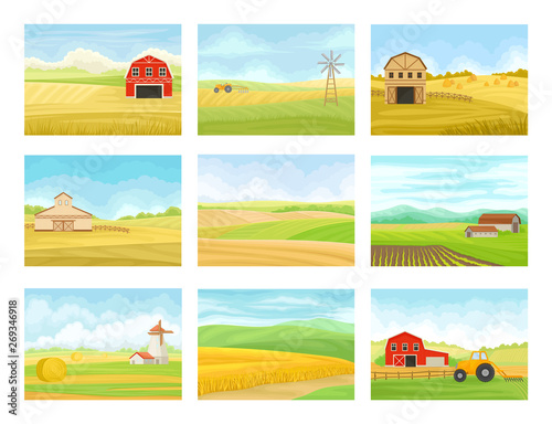 Set of images of agricultural machinery and buildings in the field. Vector illustration on white background.