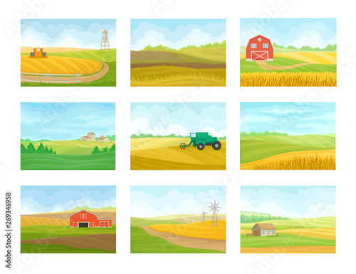 Set of images of farm equipment and buildings in the field. Vector illustration on white background.