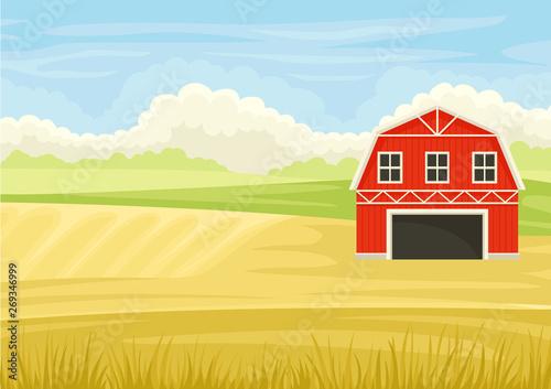 Red barn in the field. Vector illustration on white background.