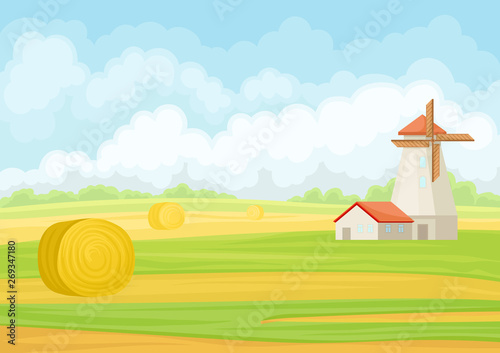 Mill and haystack in the field. Vector illustration on white background.