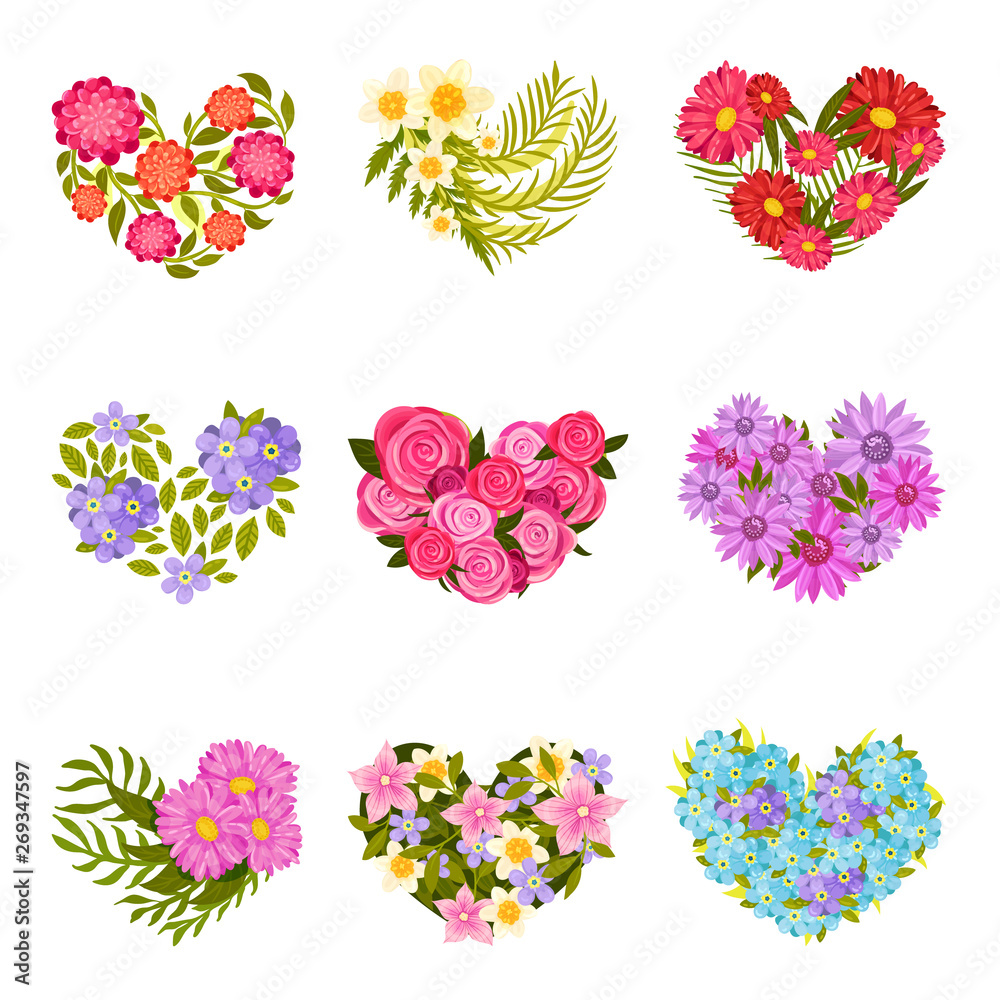 Set of compositions of flowers and leaves. Vector illustration on white background. Set of compositions of flowers and leaves. Vector illustration on white background.
