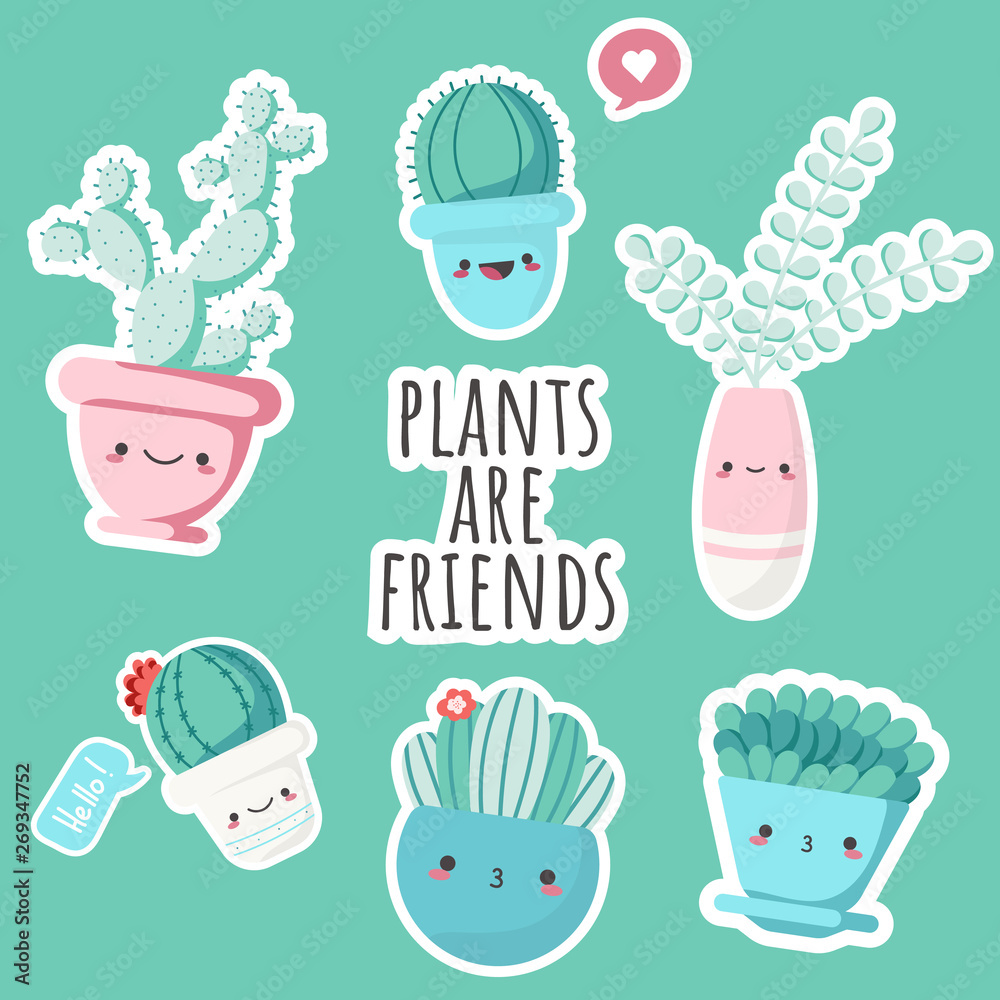 set of illustrations of cute cartoon cactus and succulents with funny ...