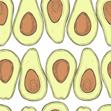 Hand drawn avocado in cut on white background. Vector  seamless pattern.
