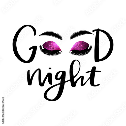 Vector Handwritten quote. Good night. Closed eyes.