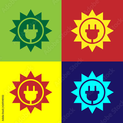 Color Solar energy panel icon isolated on color backgrounds. Sun and electric plug. Vector Illustration