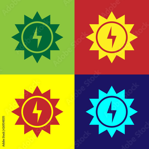 Color Solar energy panel icon isolated on color backgrounds. Sun with lightning symbol. Vector Illustration